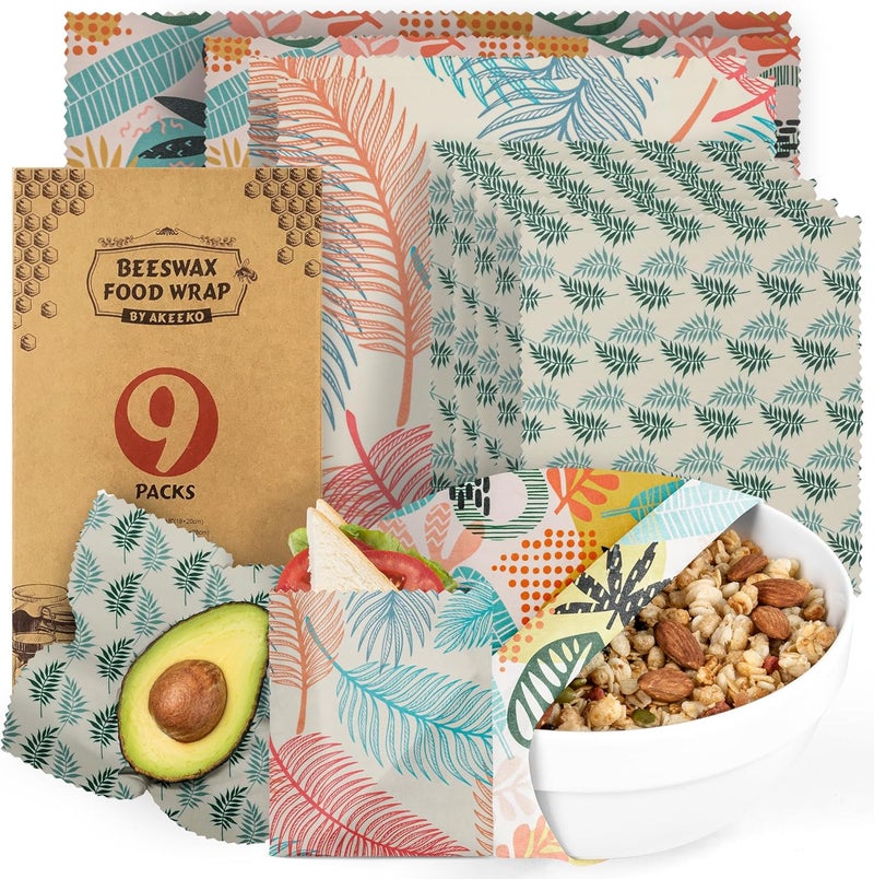 Akeeko Reusable Beeswax Food Wraps - Assorted 9 Packs, Reusable, Plastic-Free Food Storage, 5 Small, 2 Medium, 1 Large Wraps, 1 Extra Large with Tropical Leave Pattern - Image 1